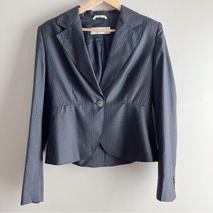 MaxMara‎ • Wool Silk Blend Pin Stripes Blazer, One-Button, Round Hem, Size 10